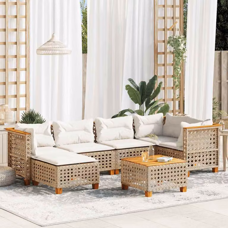 vidaXL Set Divani da Giardino 7 pz in Polyrattan con Cuscini Beige e Telaio in Legno di Acacia