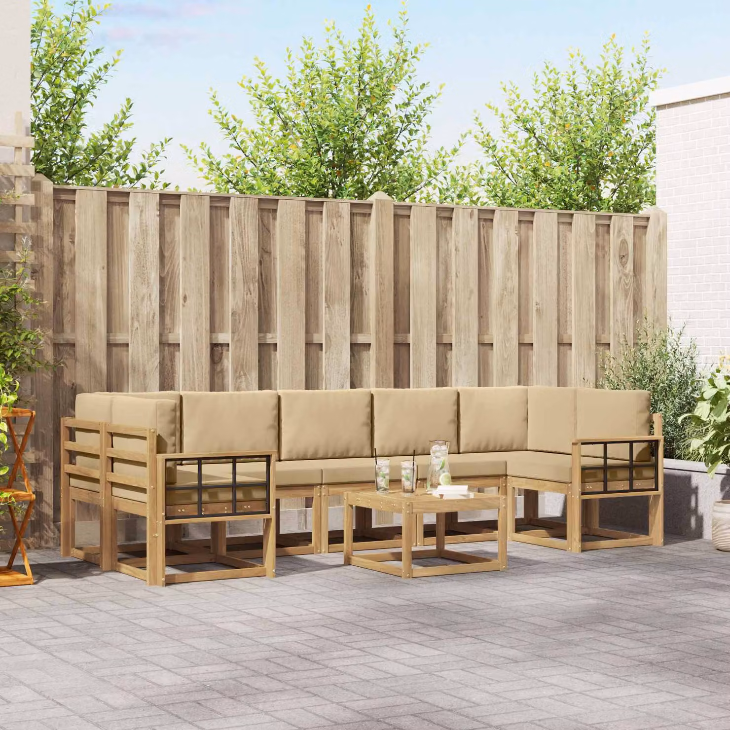 Set di divani da esterno vidaXL a forma di L in legno di acacia marrone e beige con 6 posti e cuscini inclusi