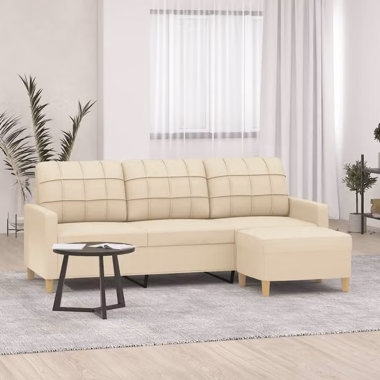 Maison Exclusive - Divano a tre posti con poggiapiedi, color crema, 180 cm, in tessuto
