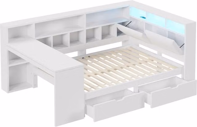 Letto a piattaforma angolare 140x200 cm in legno bianco con scrivania, scaffale e testiera imbottita con luce LED