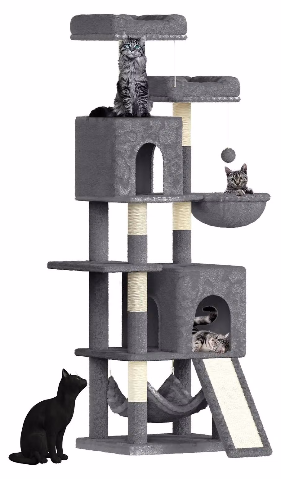 Albero per gatti - Torre da arrampicata - 158 cm - 5 livelli - 7 pali per graffiare - 2 tane - 2 amache - Grigio