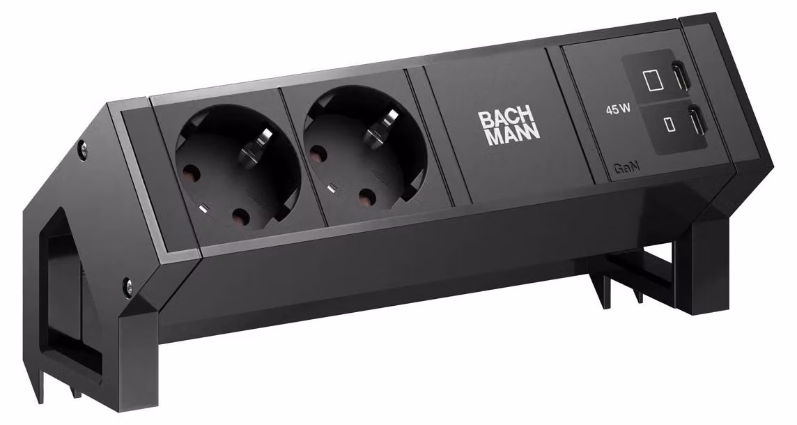 Scrivania BACHMANN DESK2, 2 prese CEE7/3, 1 porta USB-C con ricarica da 45W, lunghezza 0,2 metri, colore RAL9005