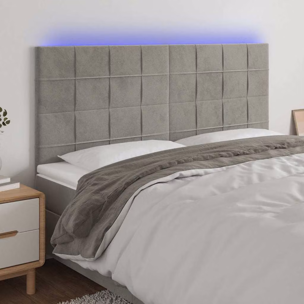Testiera con LED e porte USB vidaXL in velluto grigio, L: 180 cm, P: 5 cm, H: 118/128 cm