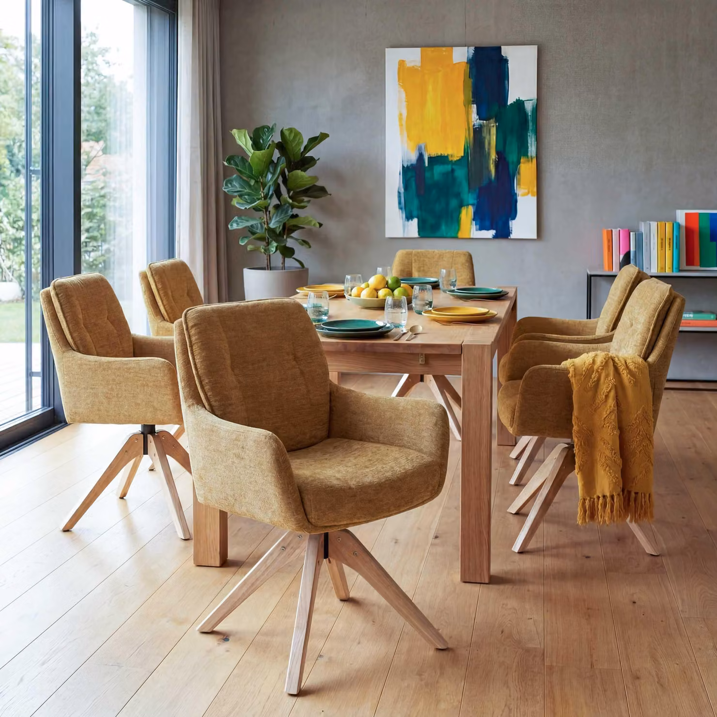 Set di 6 sedie da pranzo modello HWC-Q37, sedia girevole per cucina, rivestita in tessuto (680g/m²) tipo chenille, struttura in legno, colore giallo senape