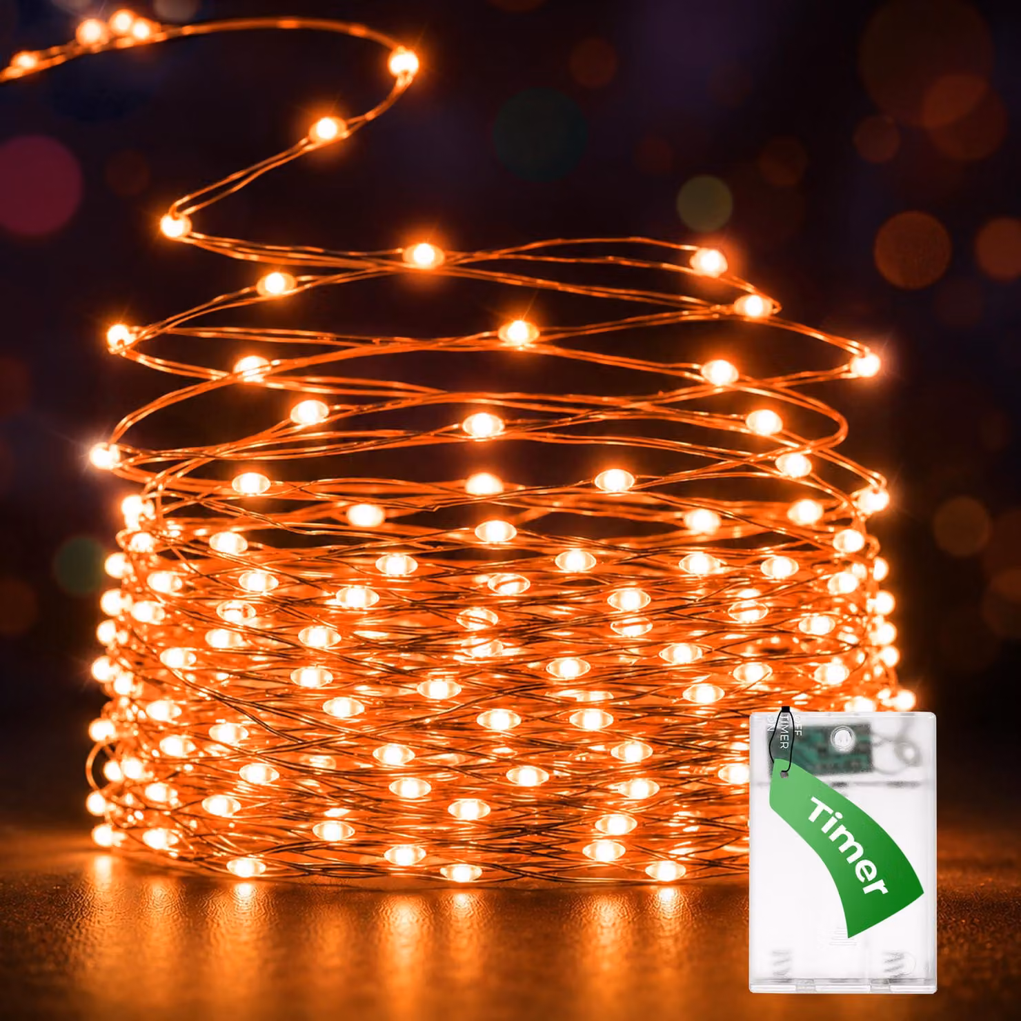 Catena luminosa a LED, 5 metri, 50 LED arancioni, timer, grado di protezione IP65