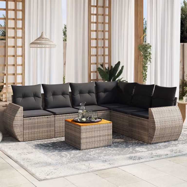 Set di divani da giardino vidaXL in polyrattan grigio con cuscini, tavolo e sedute a forma di L per esterno