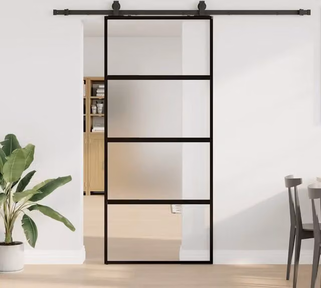 Porta Scorrevole Moderna vidaXL in Vetro Trasparente e Alluminio con Ferramenta Nera L: 90 cm, H: 205 cm