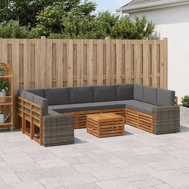 Set di divani da esterno vidaXL a forma di L con tavolo da caffè, composto da 10 pezzi in legno di acacia trattato e tessuto resistente ai raggi UV, colori beige e antracite – 1