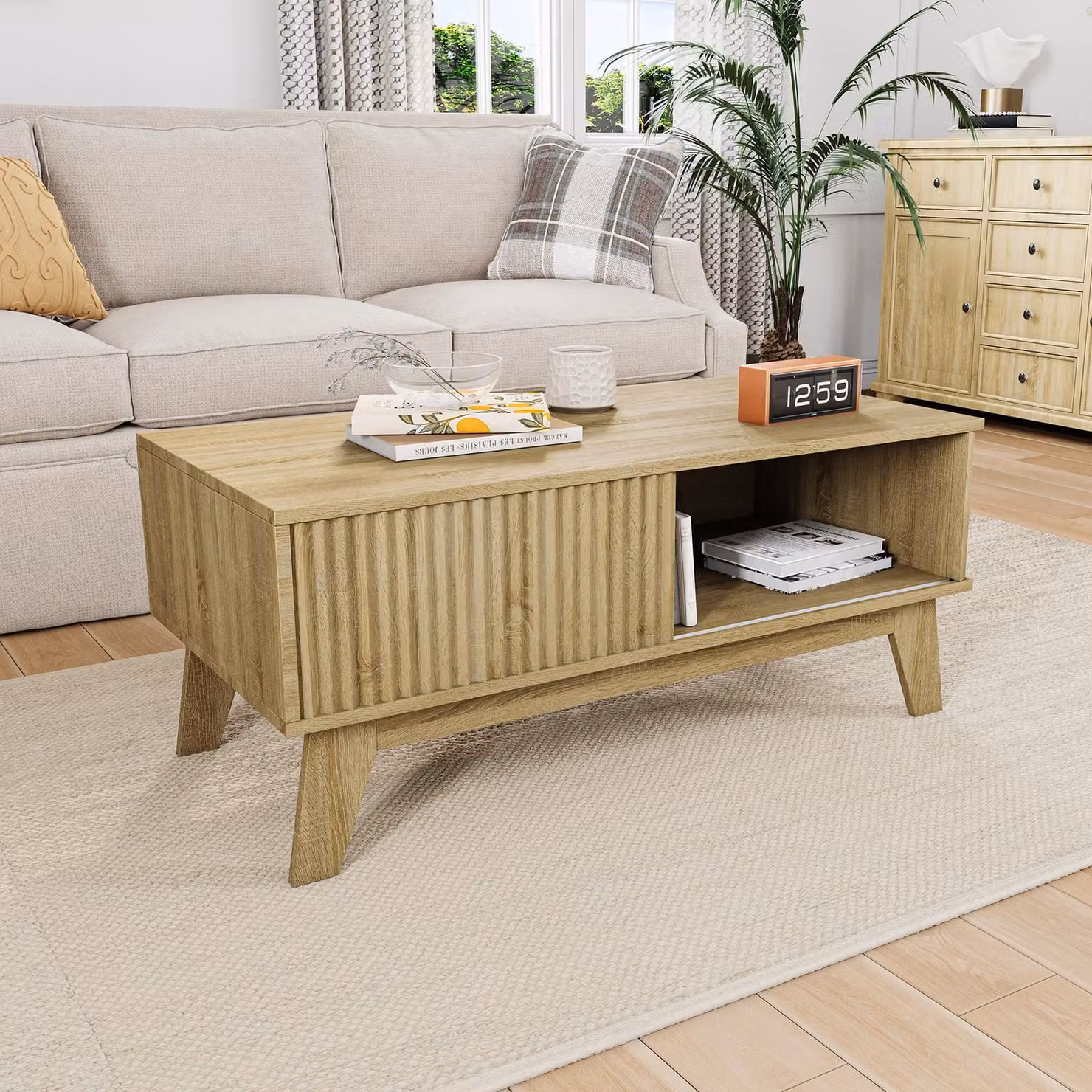 Tavolino da caffè in legno con ante scorrevoli e vano portaoggetti aperto, design moderno con frontale a onde, gambe in legno inclinate, stile rustico, ideale per il soggiorno