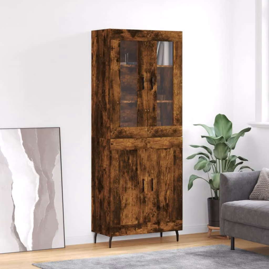 Credenza vidaXL in Rovere Fumo con Ante in Vetro e Ripiani Interni, L: 69,5 cm, P: 34 cm, H: 180 cm