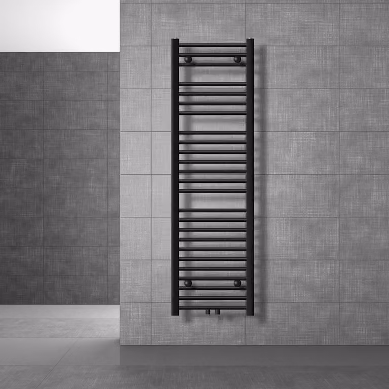 Radiatore da bagno LuxeBath Sahara 400x1500 mm nero opaco diritto attacco centrale + set di attacchi con termostato forma passante fondo, senza resistenza elettrica
