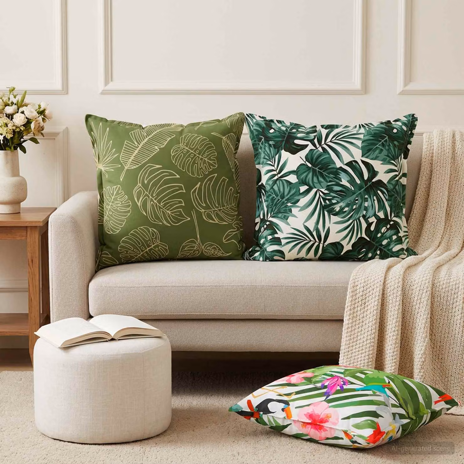Set di 2 federe vidaXL HOUTEN con design floreale verde, L 60 cm x P 60 cm, in poliestere