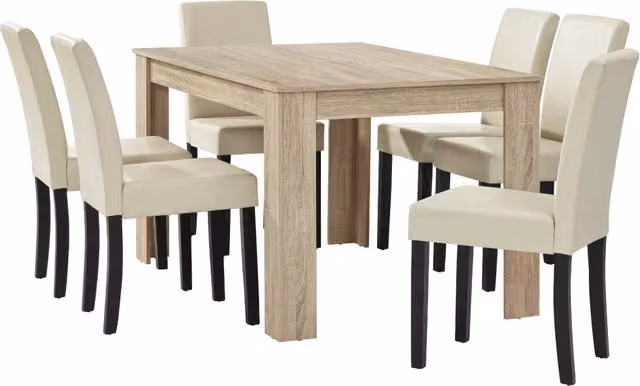 Set Pranzo con Tavolo 140x90 cm e 6 Sedie in Similpelle - Effetto Rovere Chiaro / color Crema [en.casa]