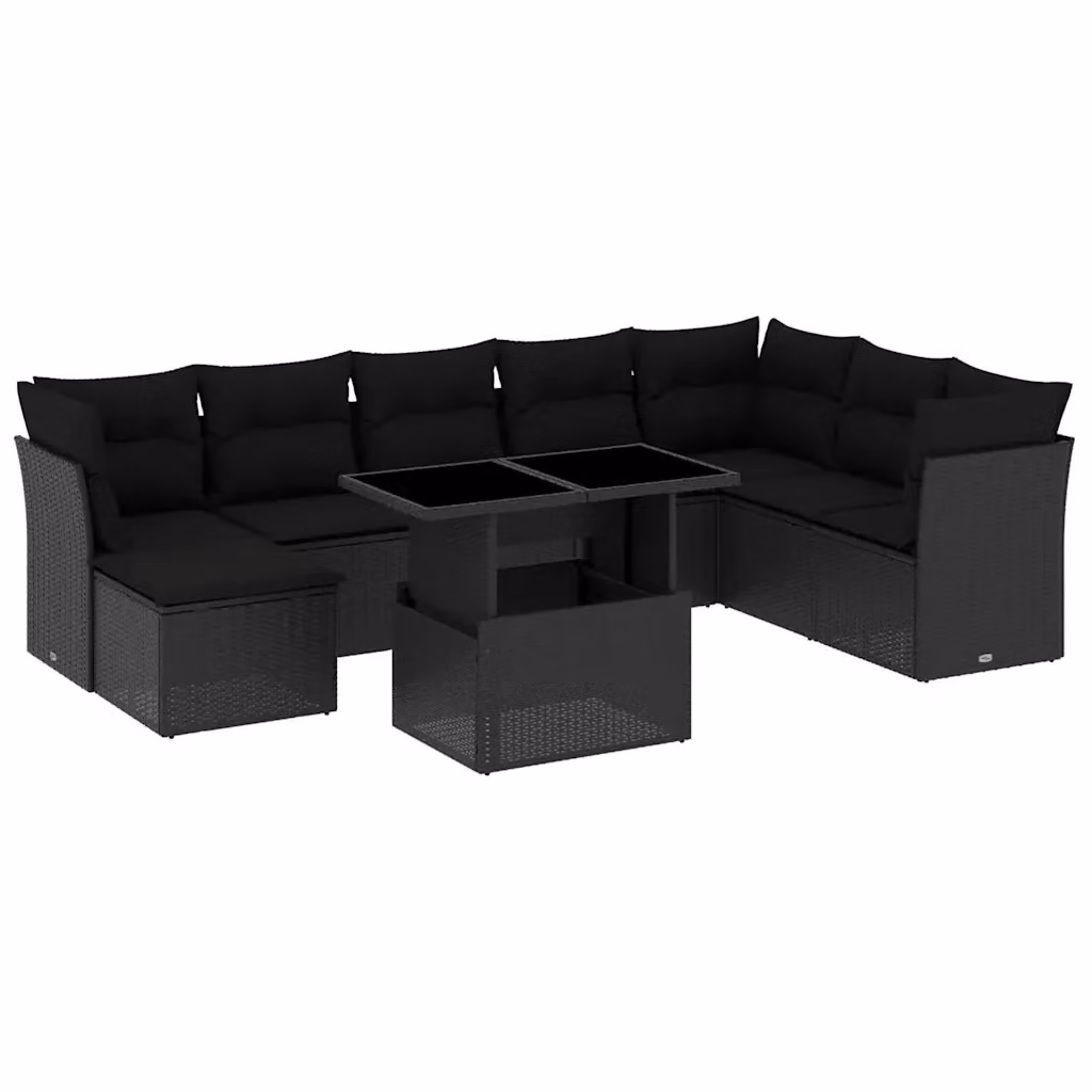 vidaXL Set Divani da Giardino 9 pz in Polyrattan Nero con Cuscini e Tavolino da Esterno – 2
