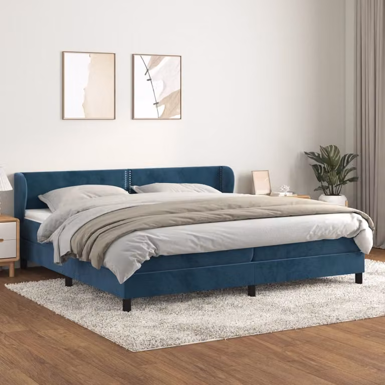 The Living Store Letto a molle con materasso blu scuro 200x200 cm in velluto