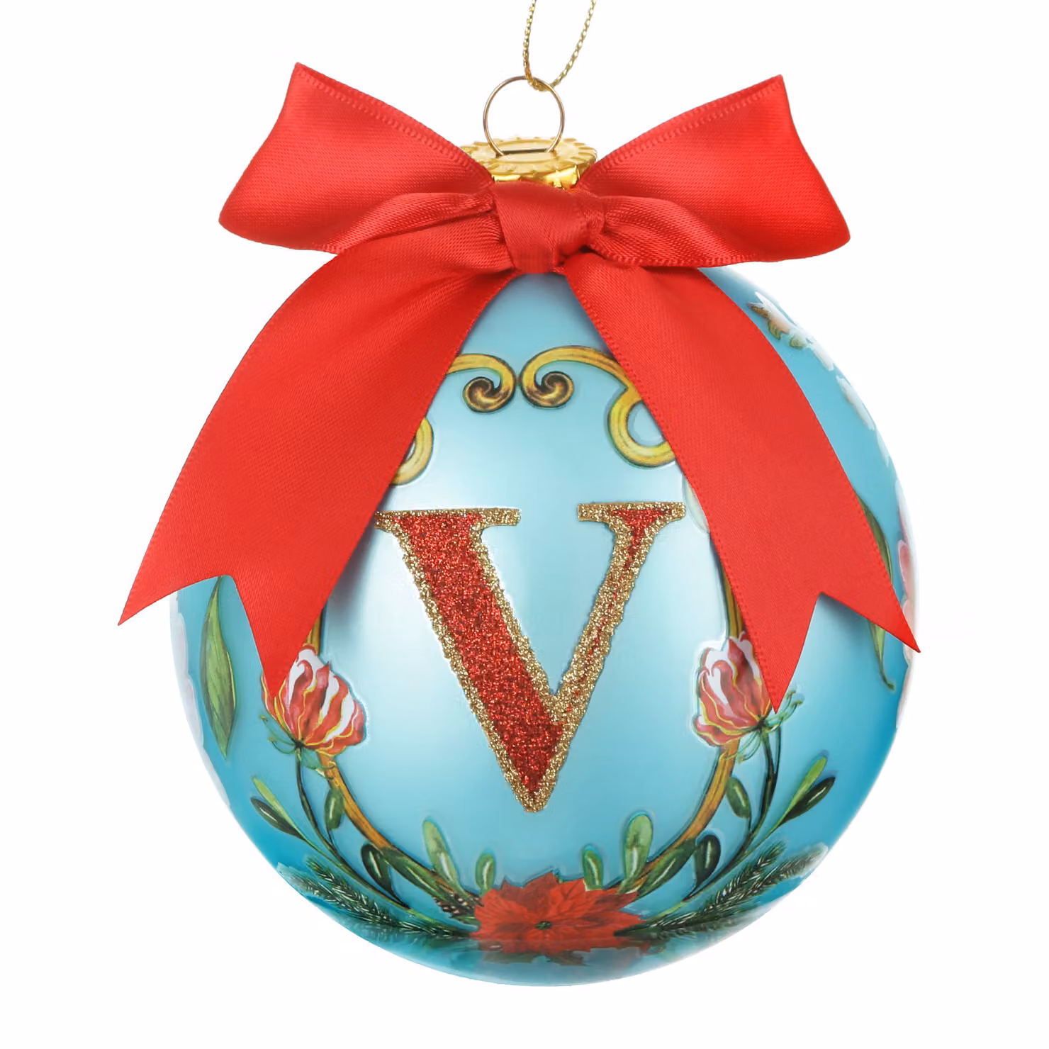Pallina di Natale con lettera V blu a tema floreale KASANOVA Diametro: 10 cm – 2