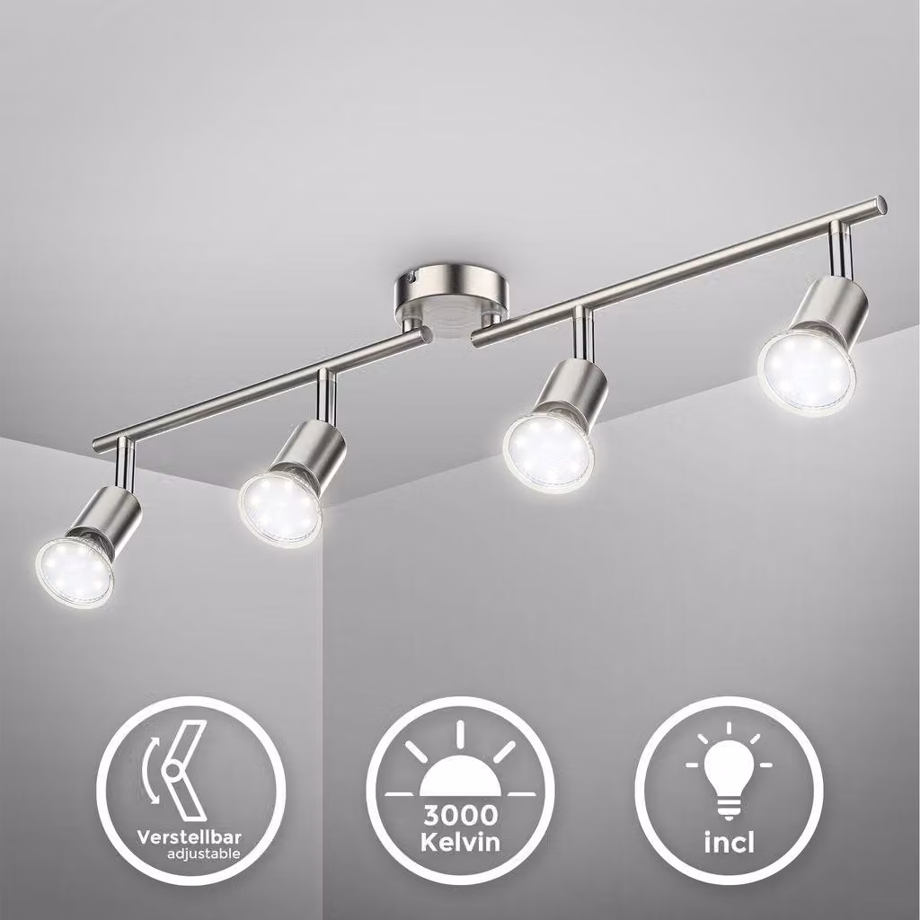 B.K.Licht Faretti LED da soffitto orientabili, include 4 lampadine GU10 da 2,9W 260Lm, luce calda 3000K, plafoniera moderna in metallo, lampada da soffitto color nickel opaco