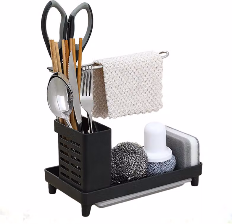 Organizer per lavello da cucina, ripiano per lavello con vaschetta di raccolta, contenitore sotto il lavello, portaspugne, portaspugne, cucine, nero, 14 cm, 22 cm, 25 cm, PP e acciaio inossidabile 304