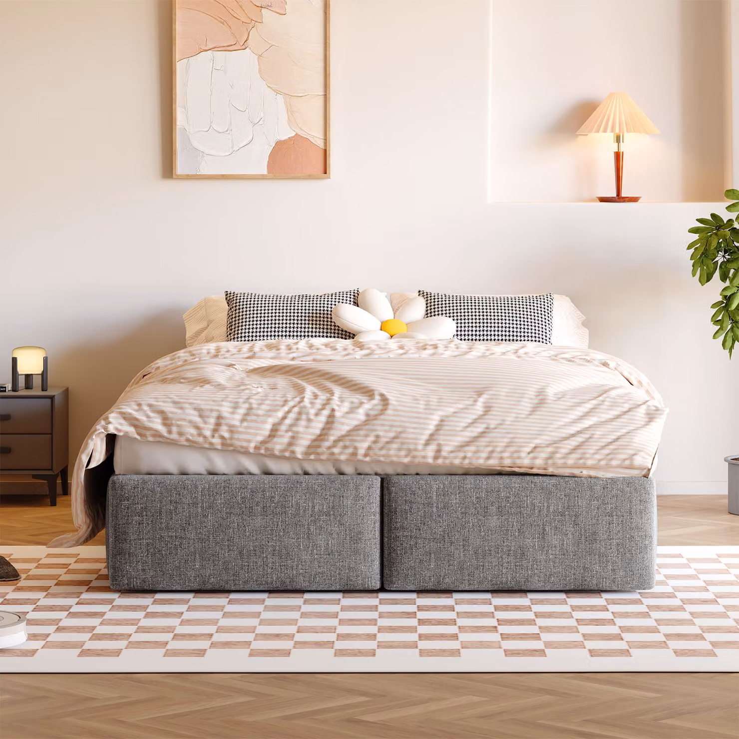 Letto imbottito Flieks 140x200cm con 2 cassetti, letto a molle idrauliche con rete a doghe, letto contenitore letto matrimoniale letto in legno senza testata, grigio