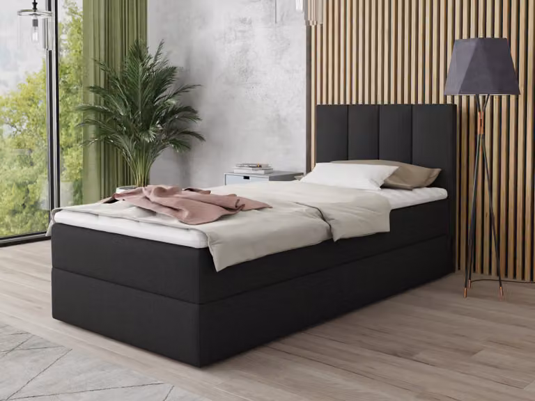 Letto boxspring Star Mini con contenitore, materasso Bonell e topper - Letto singolo con topper, letto imbottito, letto, camera da letto, camera dei ragazzi (Nero (Inari 100), 120 x 200 cm)