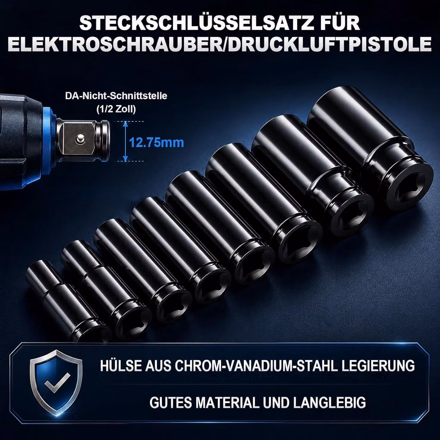 Set di bussole per avvitatore a percussione, 10 pezzi, 1/2 pollice, da 8 a 24 mm, in acciaio cromo-vanadio, per riparazioni auto