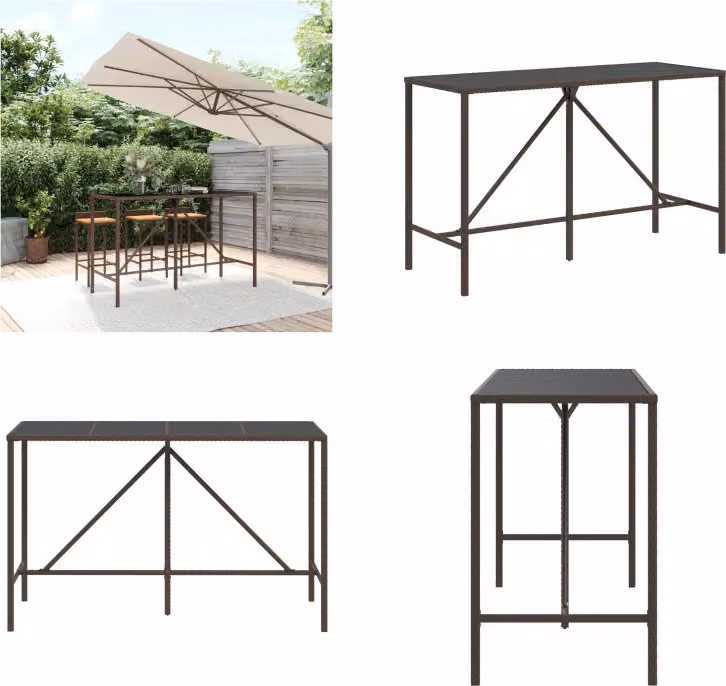 vidaXL Tavolo da bar con piano in vetro marrone 180x70x110 cm Poly Rattan - Tavolo da bar con piano in vetro - Tavoli da bar con piano in vetro - Tavolo da festa - Tavolo da bistrot