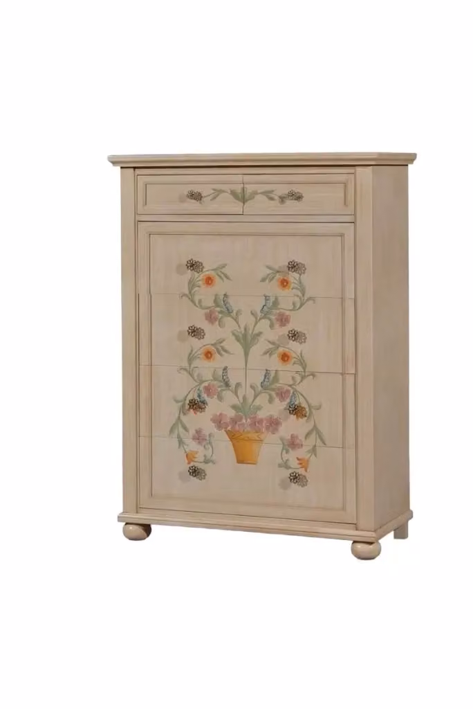 Cassettiera in legno stile shabby chic con decori floreali color avorio e beige Mobili 2G L: 102 cm, P: 44 cm, H: 142 cm – 2