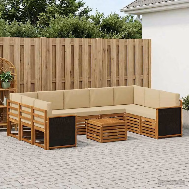 Set di divani da esterno vidaXL 10 pezzi in legno di acacia con cuscini e tavolino da giardino, colore beige e marrone, design moderno a L