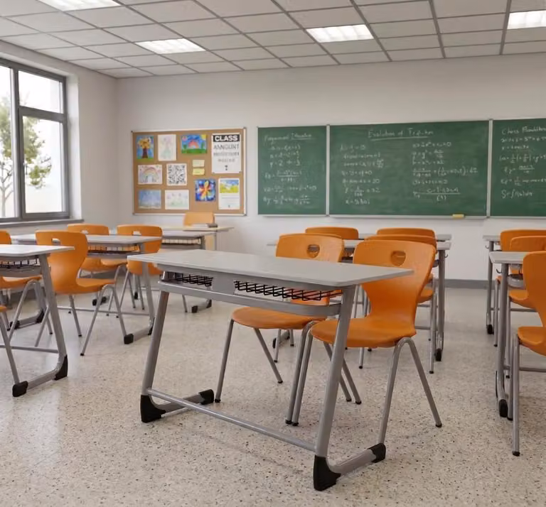 Set scolastico moderno ed ergonomico: scrivania grigia, sedia arancione a due posti