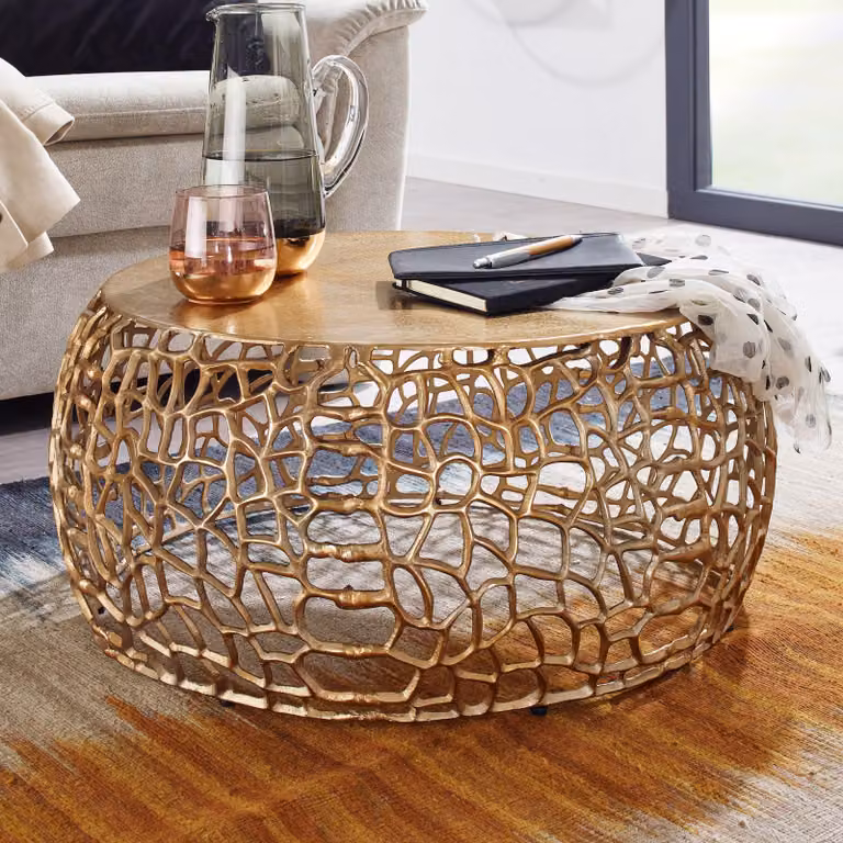 FineBuy Tavolino rotondo 66 cm in alluminio e metallo dorato, tavolino da salotto di design con struttura organica AST, tavolino moderno, tavolino ausiliario