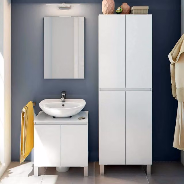 Set Mobili Bagno DMORA Trevico in Legno Bianco Lucido con Mobile Lavabo e Colonna, H: 182 cm x L: 60 cm x P: 40 cm