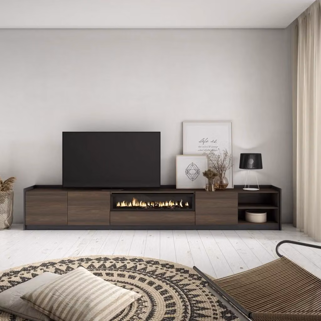 Mobile TV da soggiorno Skraut Home con camino elettrico e illuminazione integrata, Rovere scuro e Nero, L: 310 cm, P: 50 cm, H: 37 cm – 2