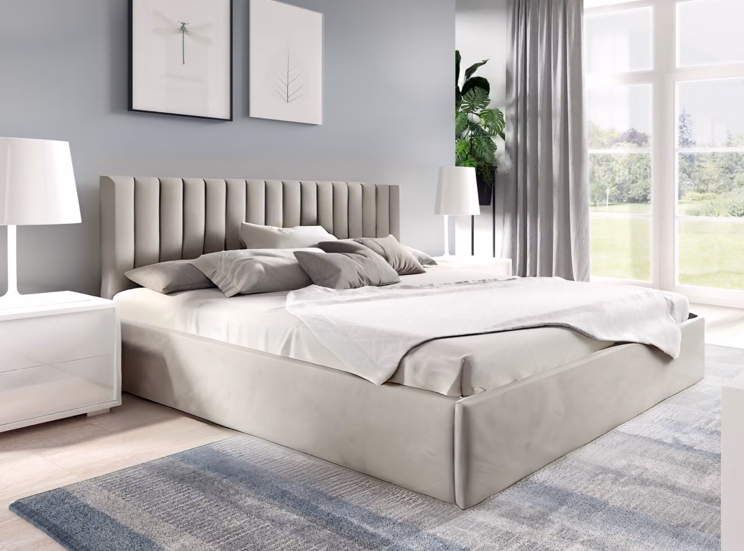 GUTTO Letto imbottito 120x200 Rete a doghe in metallo Velluto beige con contenitore