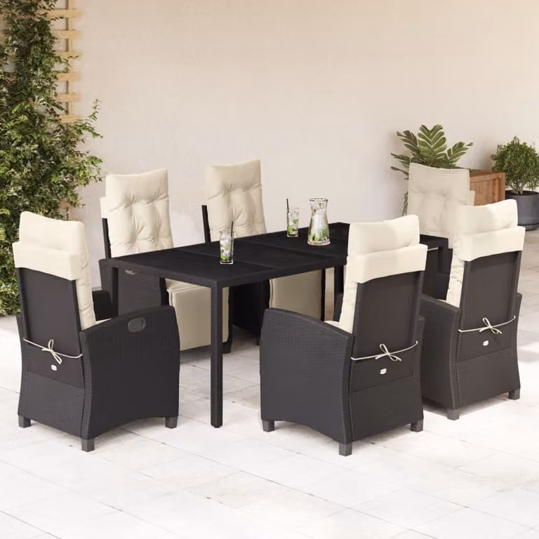 Set da Pranzo da Giardino vidaXL 7 pz in Polyrattan Nero con Piano in Vetro