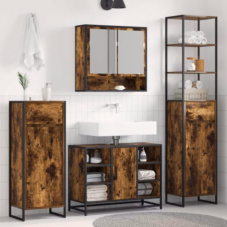 Mobile da bagno vidaXL in stile industriale in legno e metallo, colore quercia fumosa, L 40 cm x P 30 cm x H 100 cm