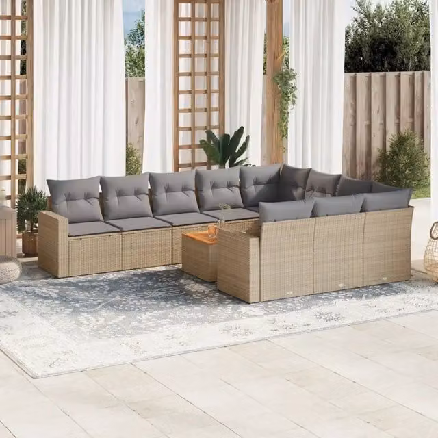vidaXL Set Divano da Giardino 11 pz a L in Polyrattan con Cuscini Beige e Grigio – 1