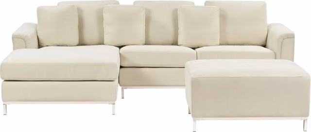 Divano ad angolo Beliani in tessuto beige con ottomana a forma di L, orientamento destra, moderno con cuscini coordinati e coperture rimovibili, L 270 x P 151 x H 64 cm