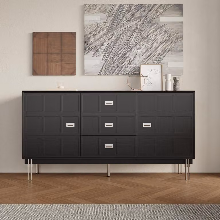 Mobile contenitore nero con 3 cassetti e 2 ante, dimensioni 160x40x83 cm, realizzato in MDF