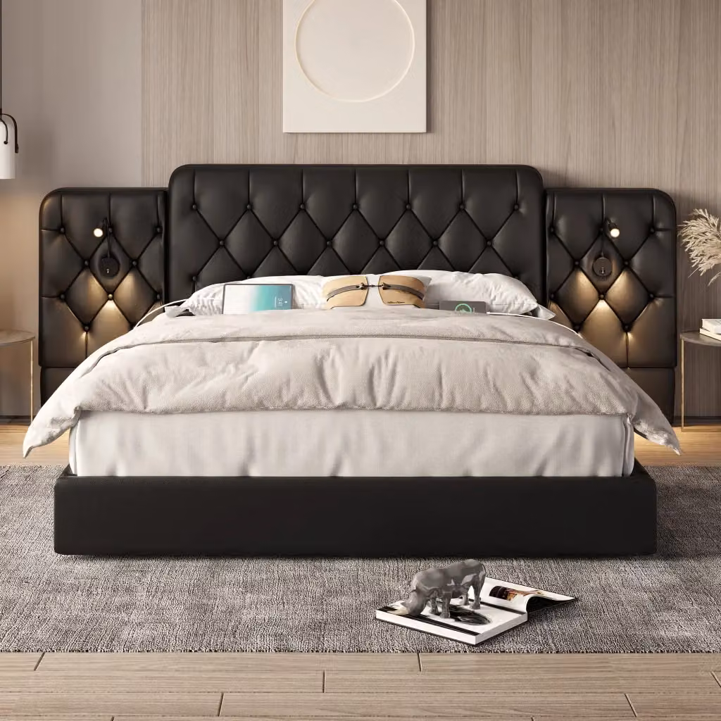 Letto contenitore matrimoniale OKWISH in ecopelle nera con porte USB, lampade da lettura integrate e sistema di sollevamento idraulico, L/P: 160 x 200 cm – 2