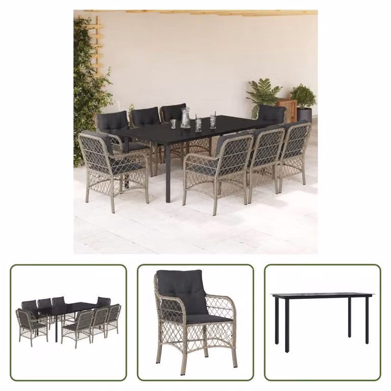 The Living Store Set da pranzo da giardino 9 pezzi con cuscini in poly rattan grigio chiaro