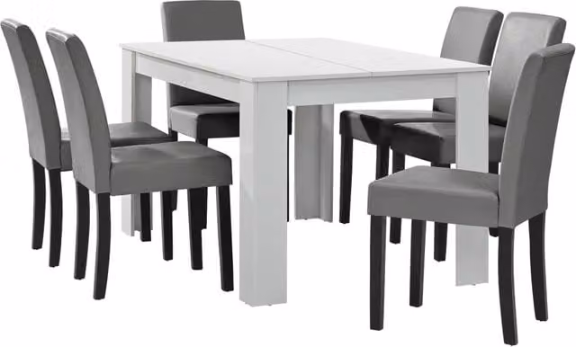 Set Pranzo con Tavolo 140x90 cm e 6 Sedie in Similpelle - Bianco / Grigio chiaro [en.casa]