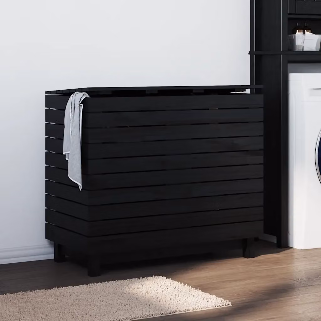 Cesto per Bucato in Legno Massello Nero con Coperchio DESIGN IN L: 88,5 cm, P: 44 cm, H: 76 cm – 2