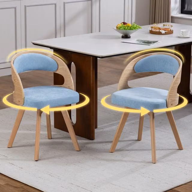 Sedia da pranzo girevole OKWISH in tessuto blu con gambe in legno di faggio e design moderno