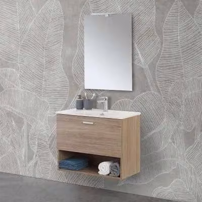 Mobile bagno sospeso Martha INBAGNO rovere tropea con lavabo e specchio LED L80 x P40 x H61 cm