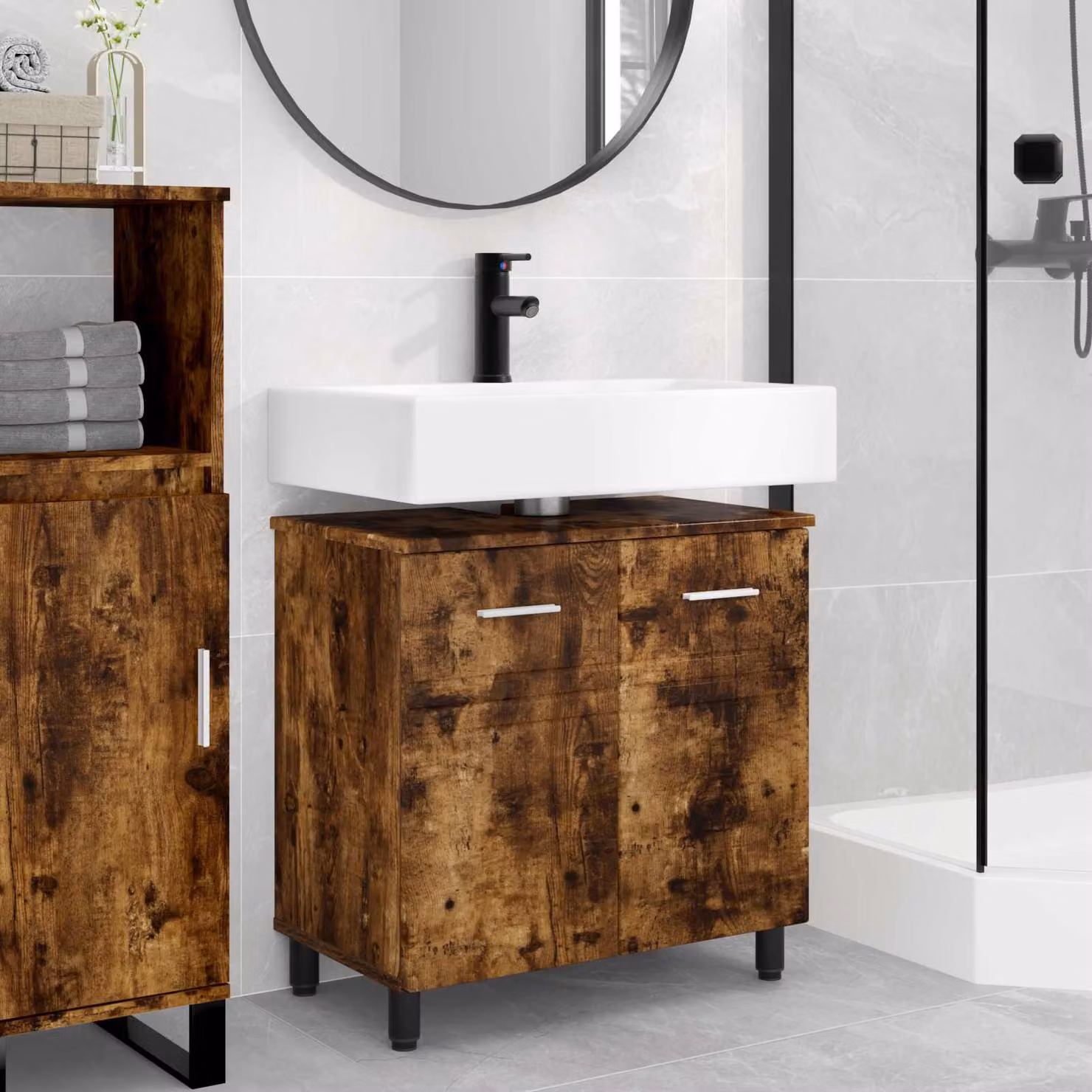 Mobiletto da bagno moderno vidaXL in legno marrone con ante a battente e ripiani interni L/P/H: 60 x 35 x 60 cm