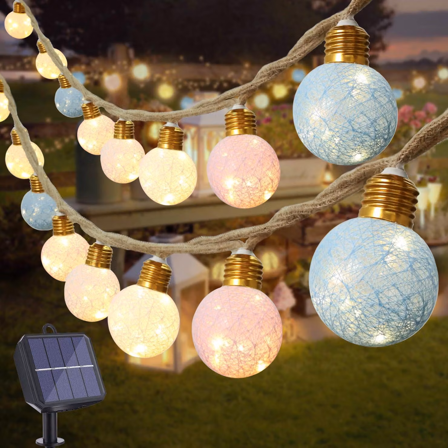 Catena luminosa solare, luce bianco caldo, 6 metri, 16 palline di cotone, resistente alle intemperie, con LED