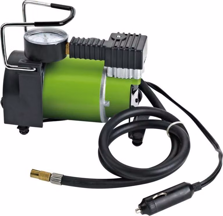 FIELDMANN FDAK 12011 Compressore d'aria 12 V, manometro, diametro cilindro 30 mm, cavo di alimentazione 3 m, tubo flessibile da 1 m con connettore a vite, funzionamento continuo fino a 15 min.