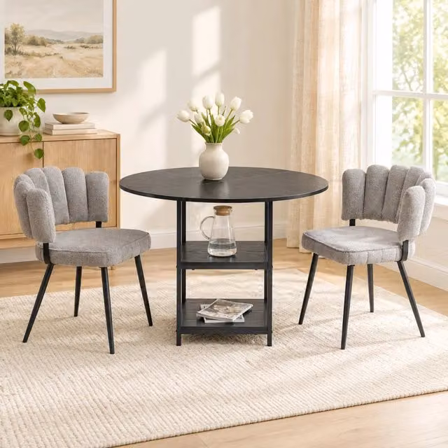 Set da pranzo con tavolo rotondo 107 cm e 2 sedie grigie con schienale a fiore in tessuto strutturato - Stile industriale