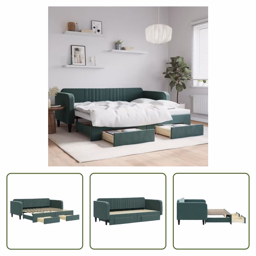 The Living Store Letto da giorno allungabile con cassetti Verde scuro 90x200 cm in velluto