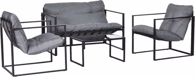 Set 4 Pezzi da Giardino con Divanetto 2 Poltrone e Tavolino in Acciaio, Poliestere e Cotone PP Nero e Grigio